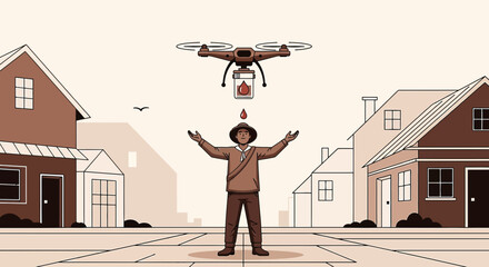 Drone delivering vital blood donation to a grateful recipient in suburban setting