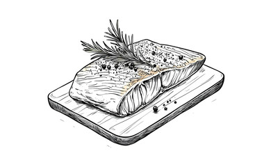 Seafood, salmon steak. Vintage retro print, seafood cuisine, grilled salmon steak, sketch ink pencil style drawing, linear, engrave old school. Sketch artwork silhouette salmon steak. Illustration