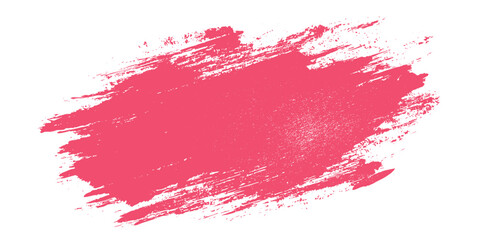 Vibrant coral pink abstract paint brush stroke texture with rough edges and scattered small dots on a white background