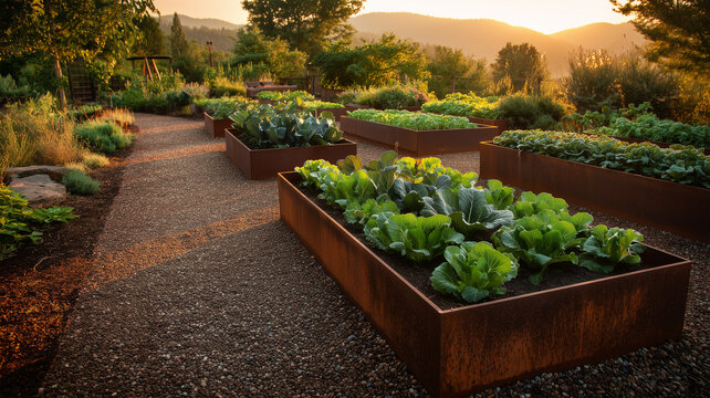 夕日の差す菜園で高床花壇が整然と並ぶ小道沿いの風景