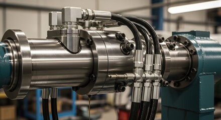 Close up of industrial machinery with metal pipes and fittings in a factory setting indoors