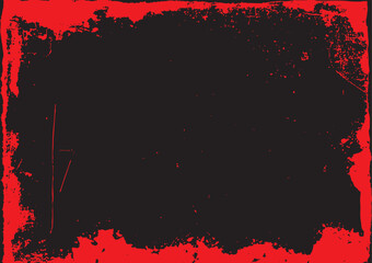Abstract distressed red border frame on a solid black background with textured edges and scattered red speckles