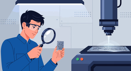 Engineer inspects circuit board details under magnification in manufacturing setting