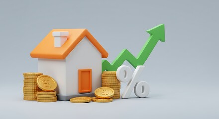 3d cartoon house with growing arrow and coins isolated on grey background