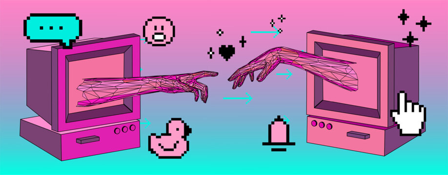 Vector illustration in low-poly and pixel art style shows two 3D mesh hands reaching out from retro computers on a pink-cyan gradient background. Digital connection and online interaction theme.