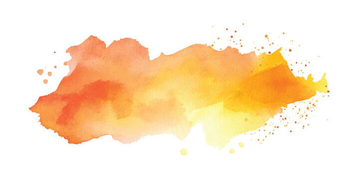 Abstract watercolor splash stain in warm orange yellow and red tones with scattered droplets on white background