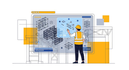 Engineer using digital interface for project construction and infrastructure blueprint reviewing