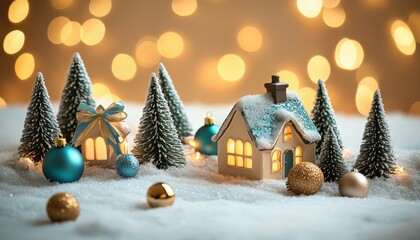 Miniature winter scene depicts illuminated house surrounded by frosted pine trees and holiday ornaments atop snow