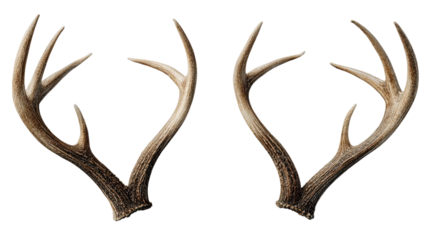 Large antler horns rest naturally with textured bone surface and rustic wilderness aesthetic on white background