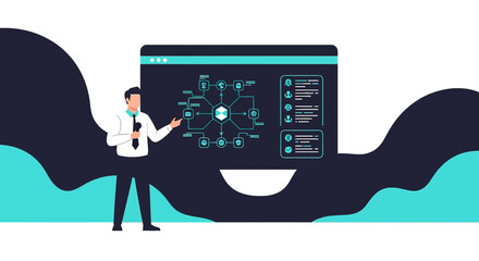 Expert presenting digital network connectivity solutions on large display interface