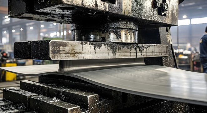 Close up of industrial metal press machine with metal sheet in factory setting and dripping lubricant