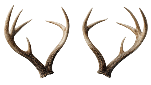 Large antler horns rest naturally with textured bone surface and rustic wilderness aesthetic on white background