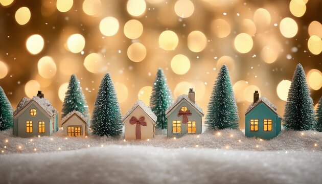 Miniature winter village scene glows with warm holiday lights and falling snow