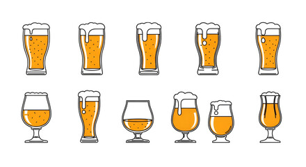 Collection of beer glasses with foam in various styles vector illustration