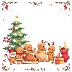 Fototapeta premium Gingerbread characters with Christmas tree, stocking, gifts and festive decorations in cheerful holiday scene