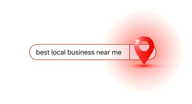 A search bar with the query best local business near me and a location pin isolated on white background, representing local search and business discovery
