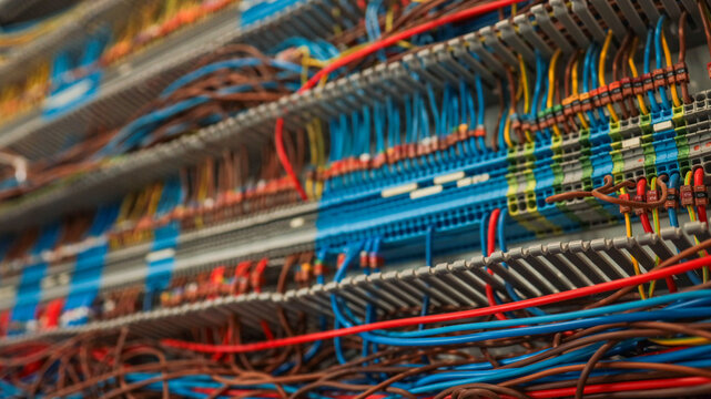 Close-up of colorful electrical wiring and connections in a control panel