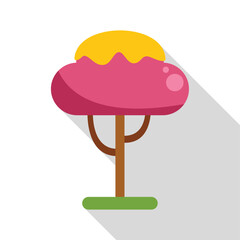 Stylized pink and yellow tree growing in a patch of green grass casting a long shadow, simple and colorful design