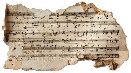 Torn corner of faded music sheet, old vintage ripped paper scrap with notes isolated for design