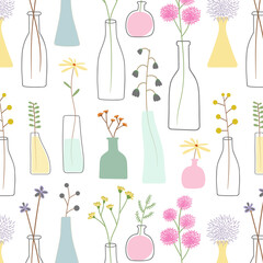 Doodles cute pattern. Color background, spring theme. Illustration with pots, leaves and flowers. Design for T-shirt, textile and prints.