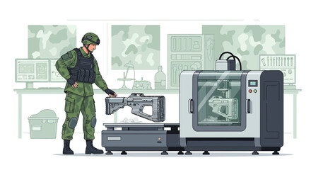 Future warfare innovation: A soldier examining a 3D printed weapon near a sophisticated printer