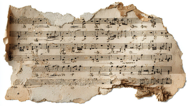 Torn corner of faded music sheet, old vintage ripped paper scrap with notes isolated for design