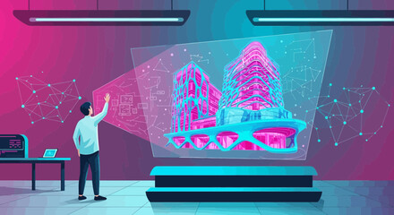 Futuristic architectural design presented through advanced technology in a vibrant studio setting