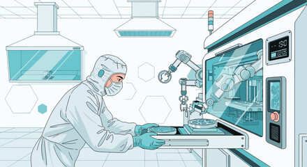 Futuristic cleanroom environment depicting advanced technological research and development