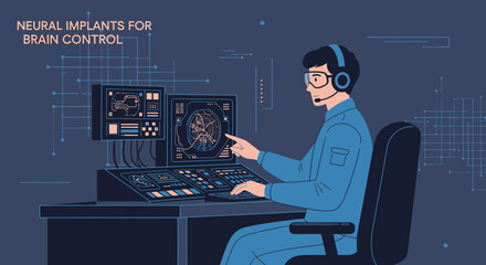 Futuristic control center operator monitoring neural network activity and brainwave analysis