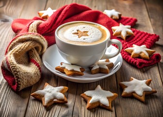 Christmas Coffee with Star Cookies and Red Scarf saucer