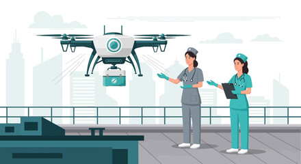 Futuristic healthcare concept featuring drone delivery of medical supplies to nurses on a rooftop