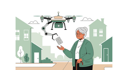 Futuristic Healthcare Delivery Drone Providing Medication to an Elderly Woman at Home Safely