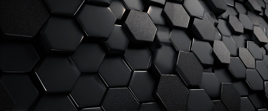 3D Render of black hexagonal tiles with different textures and light