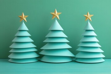 Obraz premium Three stylized layered trees adorned with glittery stars stand against a monochromatic background