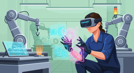 Futuristic industrial designer working with virtual reality for complex mechanical design and