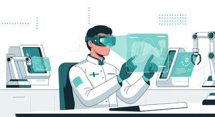 Futuristic lab environment with researcher interacting with digital interface using VR headset