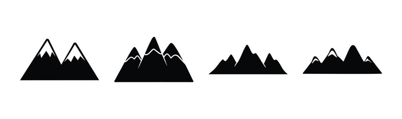 Minimalist black mountain range icons set on white background