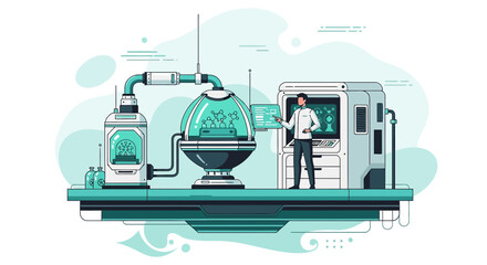 Futuristic laboratory scene featuring scientist and advanced research equipment installation