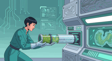 Futuristic laboratory technician analyzing plant specimen using advanced technology interface