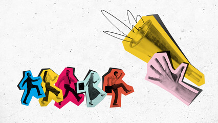 Playful collage of business people walking toward megaphone with cheerful energy. Concept of communication visuals, promotion themes, teamwork messaging, corporate ads.
