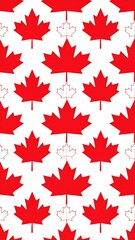 Repeated red maple leaf pattern on white, evoking national pride and Canadian identity