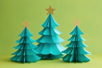 Obraz premium Three dimensional turquoise paper holiday decorations stand against a vibrant green background