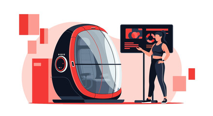 Futuristic pod presentation with female trainer demonstrating wellness data analysis