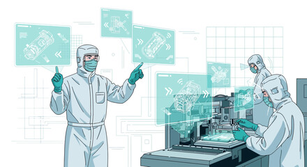 Futuristic production line managed by hazmat suited workers employing augmented reality interfaces