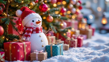 Festive Christmas Scene with Snowman Presents and Tree