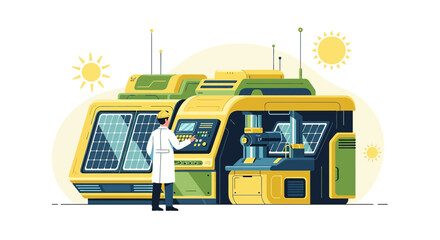 Futuristic solar panel production line with engineer inspecting operations under sunlight