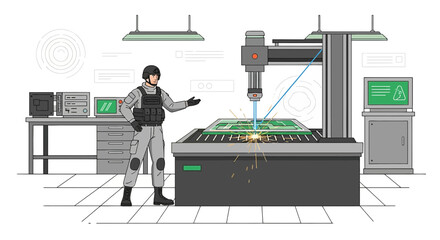 Futuristic soldier oversees laser etching of intricate circuits in a high tech laboratory