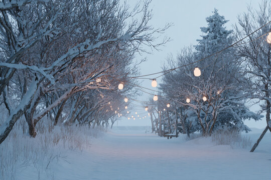Soft glowing lamps in gentle snowfall, serene winter scene, tall trees forming natural corridor - Powered by Adobe