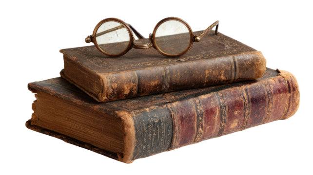 Antique books paired with vintage spectacles arranged in classic literary display showing detailed aged textures on white background