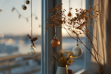 Soft sunrise through window, warm reflections on ornaments, calm peaceful holiday vibe